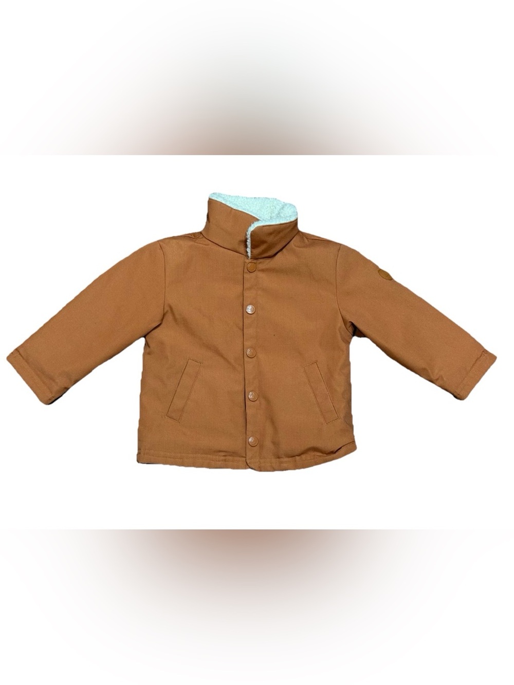 Petit Bateau Babies' Sherpa Lined Cropped Jacket in Camel Boys Size 24 Months